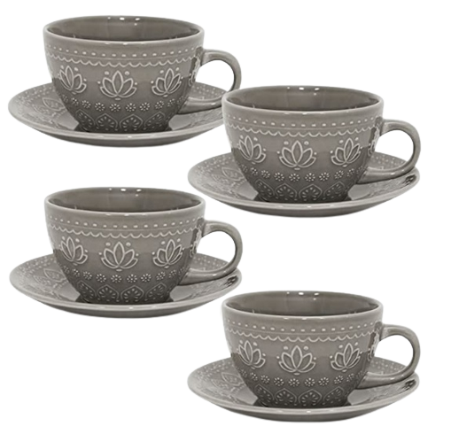 CJ 4 XICARAS CHA C/PIRES CORONA RELIEVE CINZA 270ML