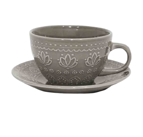 CJ 4 XICARAS CHA C/PIRES CORONA RELIEVE CINZA 270ML