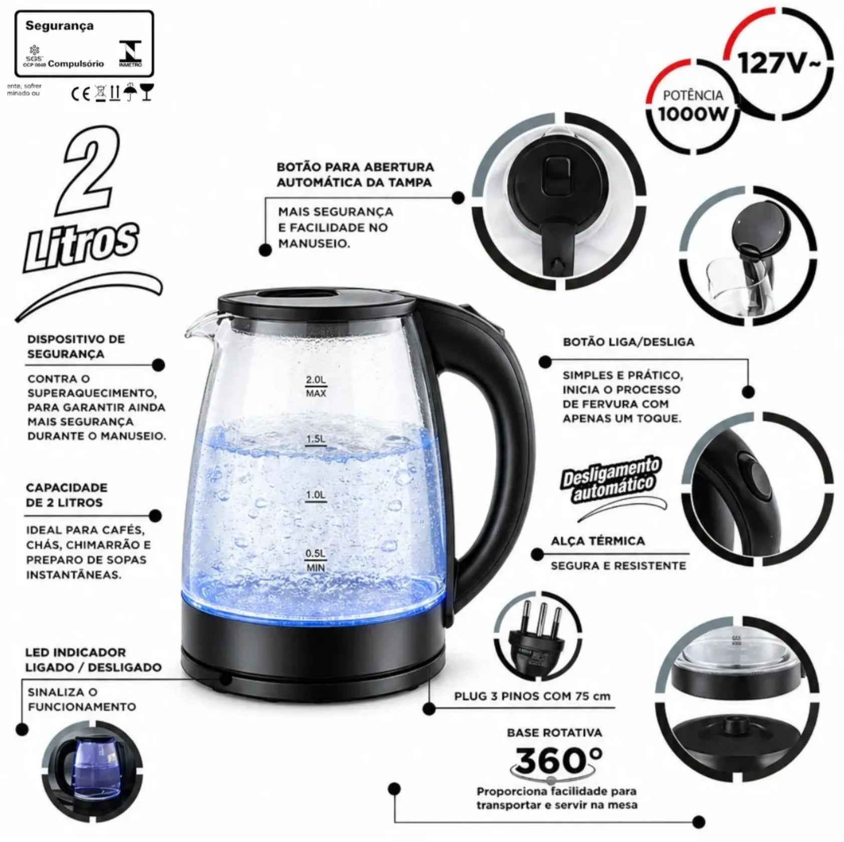 Chaleira Vidro Elétrica Automática Bela Home - 2000ML