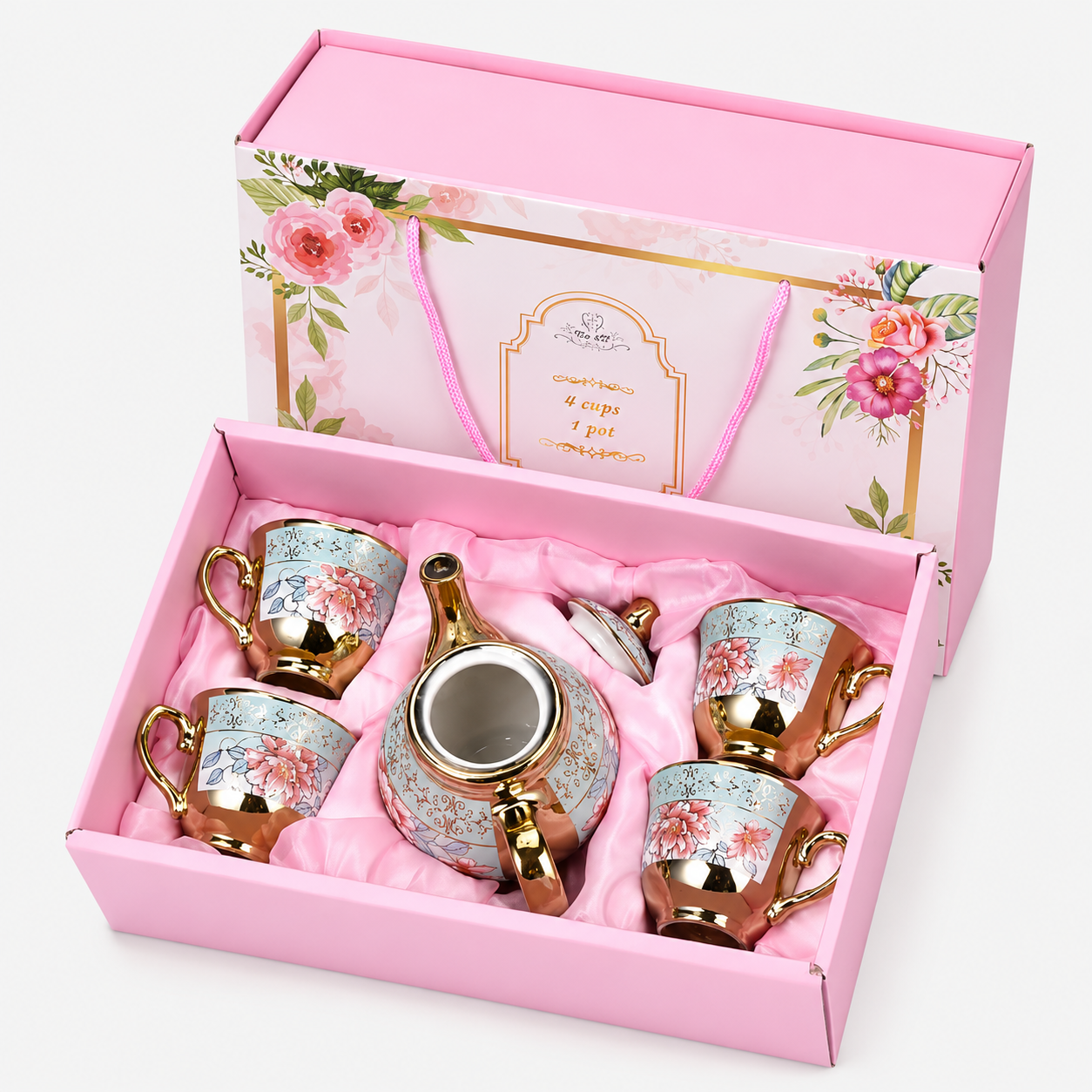 Conjunto Porcelana 4 Xícaras c/ Bule  p/ Café Elegante