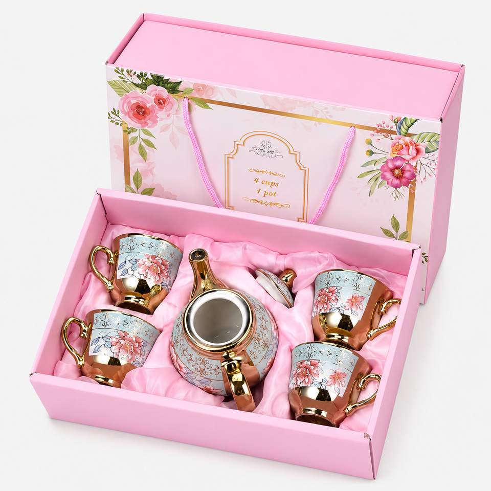 Conjunto Porcelana 4 Xícaras c/ Bule  p/ Café Elegante