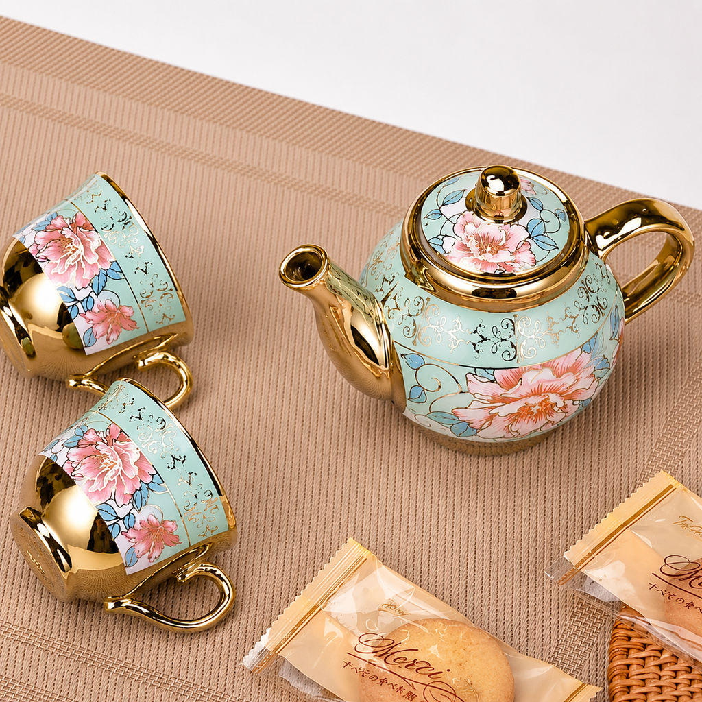 Conjunto Porcelana 4 Xícaras c/ Bule  p/ Café Elegante