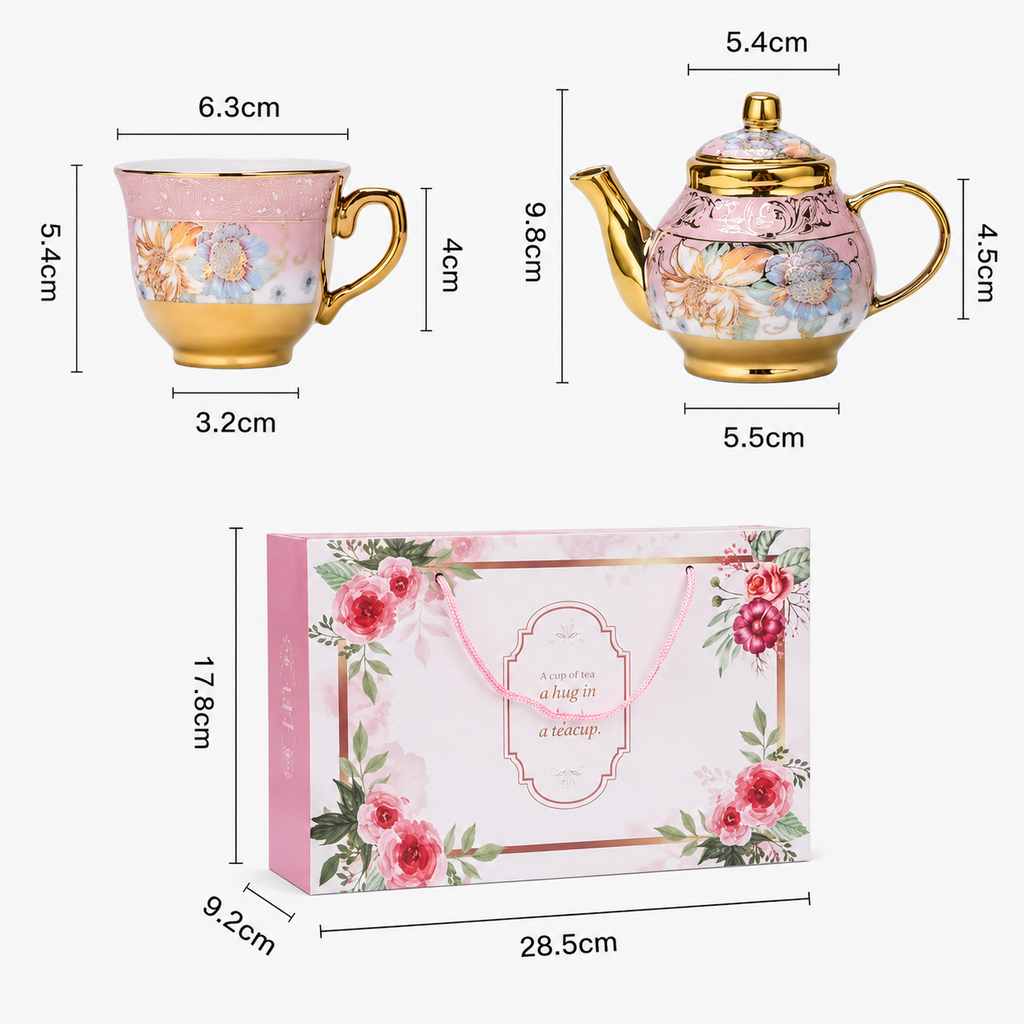 Conjunto Porcelana 4 Xícaras c/ Bule  p/ Café Elegante