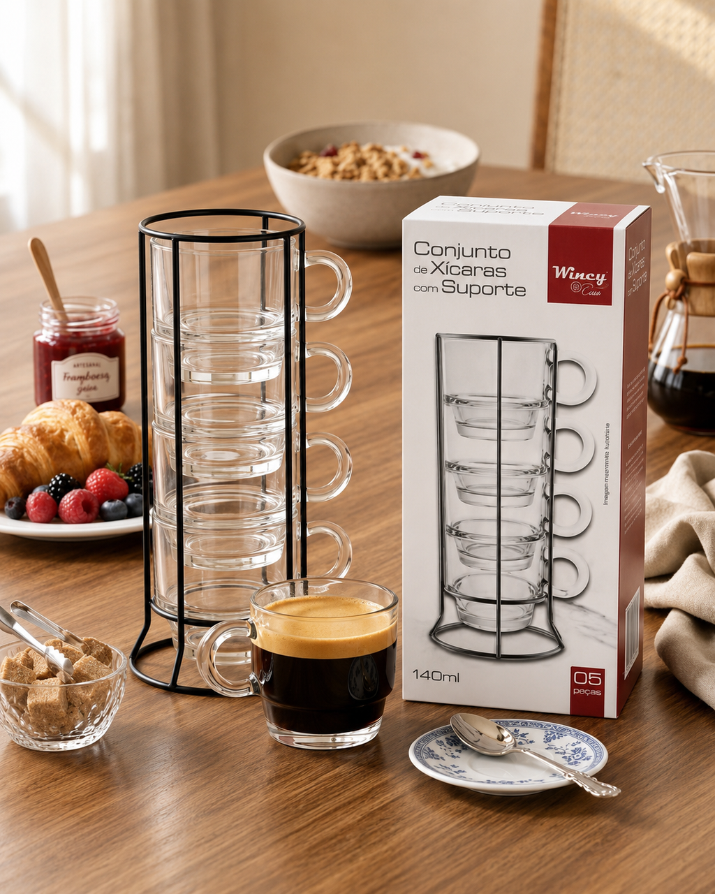Conjunto  4 Xícaras Vidro  + Suporte  - 140 ML