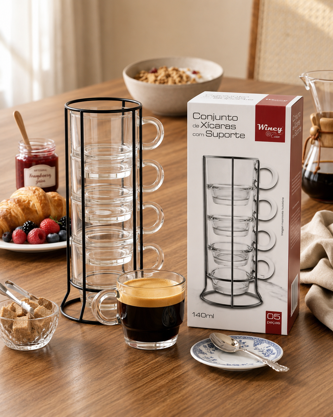 Conjunto  4 Xícaras Vidro  + Suporte  - 140 ML