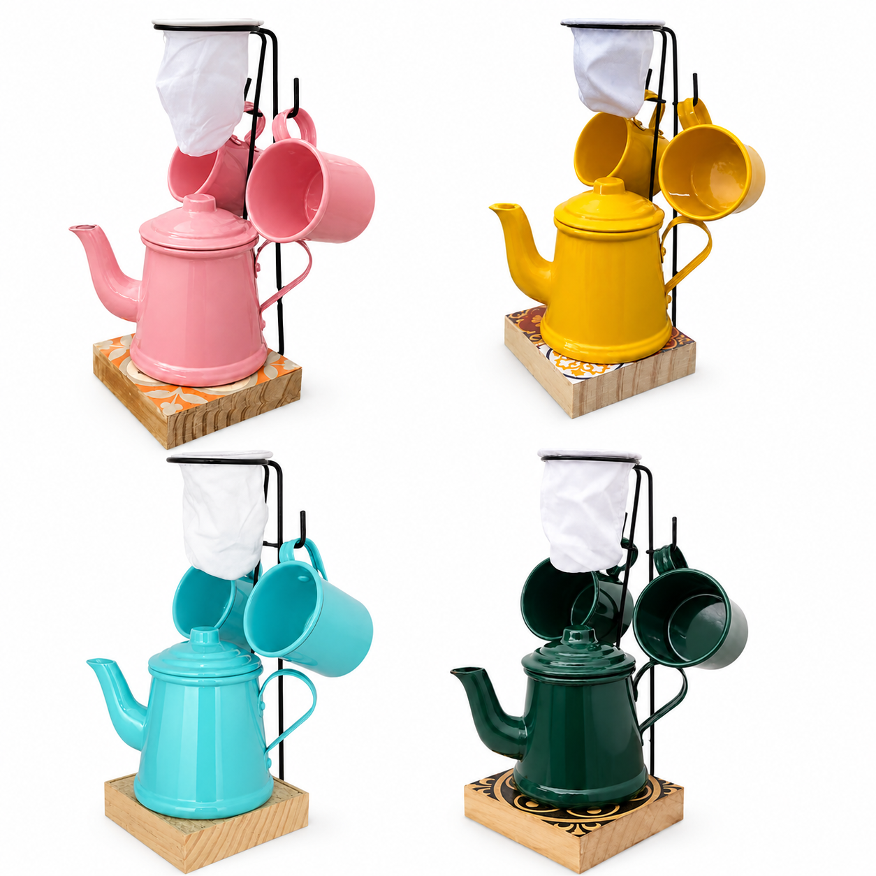 Kit Mini Coador de Café Colonial com Suporte/ Bule/2 xícaras alumínio esmaltado - Unid.