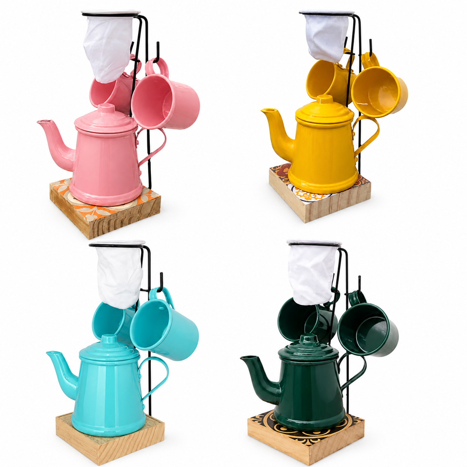 Kit Mini Coador de Café Colonial com Suporte/ Bule/2 xícaras alumínio esmaltado - Unid.