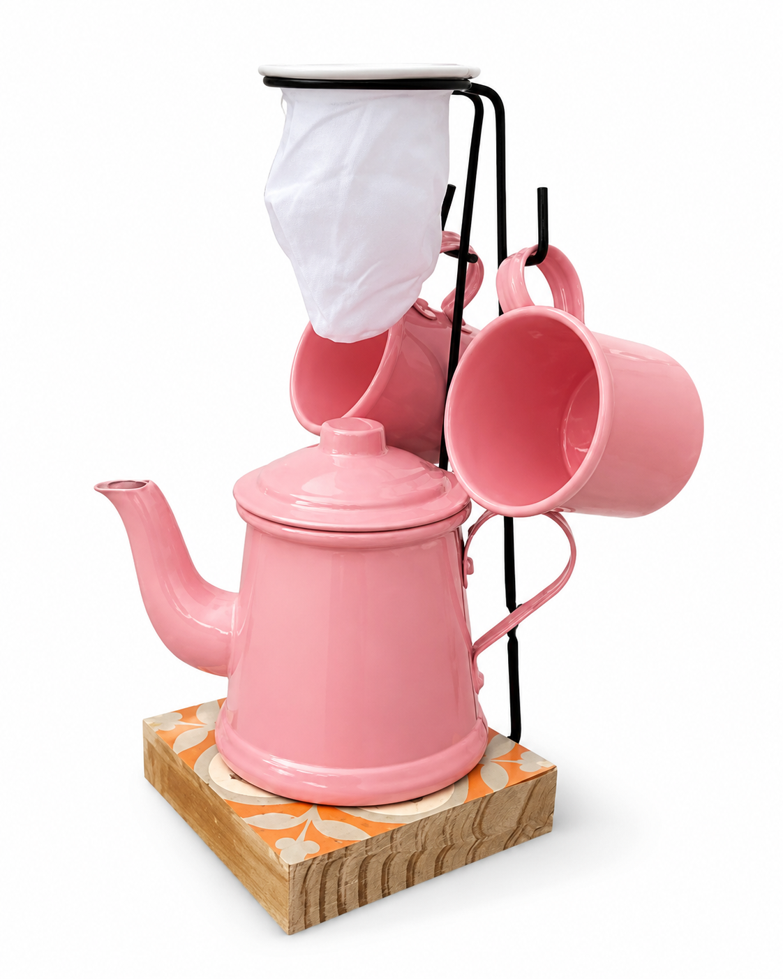 Kit Mini Coador de Café Colonial com Suporte/ Bule/2 xícaras alumínio esmaltado - Unid.