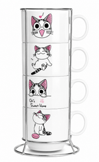 Kit  4 Xícaras Porcelana  Gatos + Suporte  Metal - 160mL