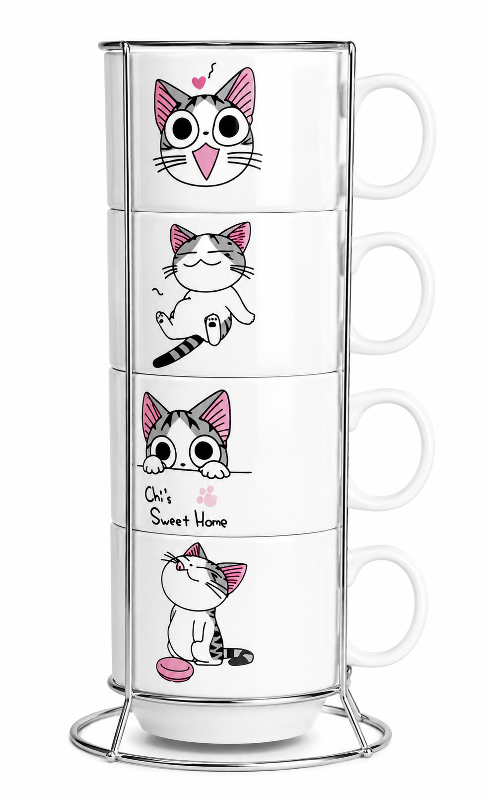 Kit  4 Xícaras Porcelana  Gatos + Suporte  Metal - 160mL
