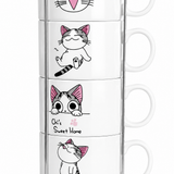 Kit  4 Xícaras Porcelana  Gatos + Suporte  Metal - 160mL