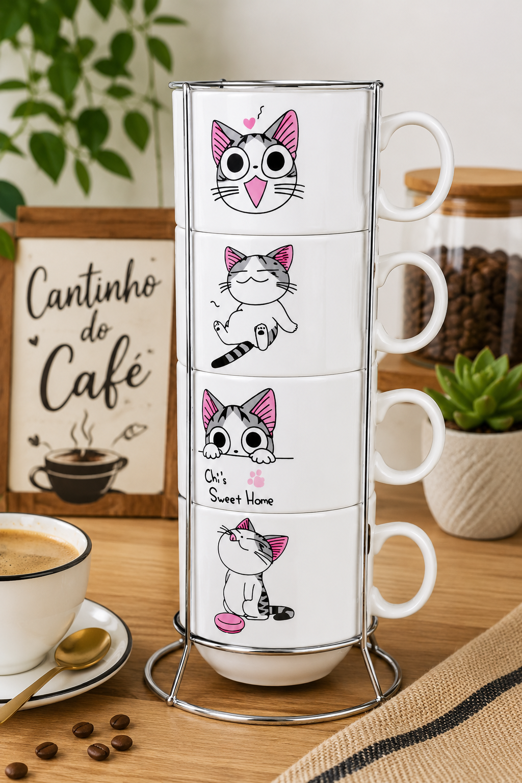 Kit  4 Xícaras Porcelana  Gatos + Suporte  Metal - 160mL