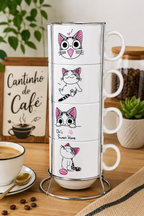 Kit  4 Xícaras Porcelana  Gatos + Suporte  Metal - 160mL