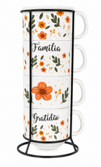Kit  4 Xícaras Porcelana  Frases + Suporte  Metal - 160mL
