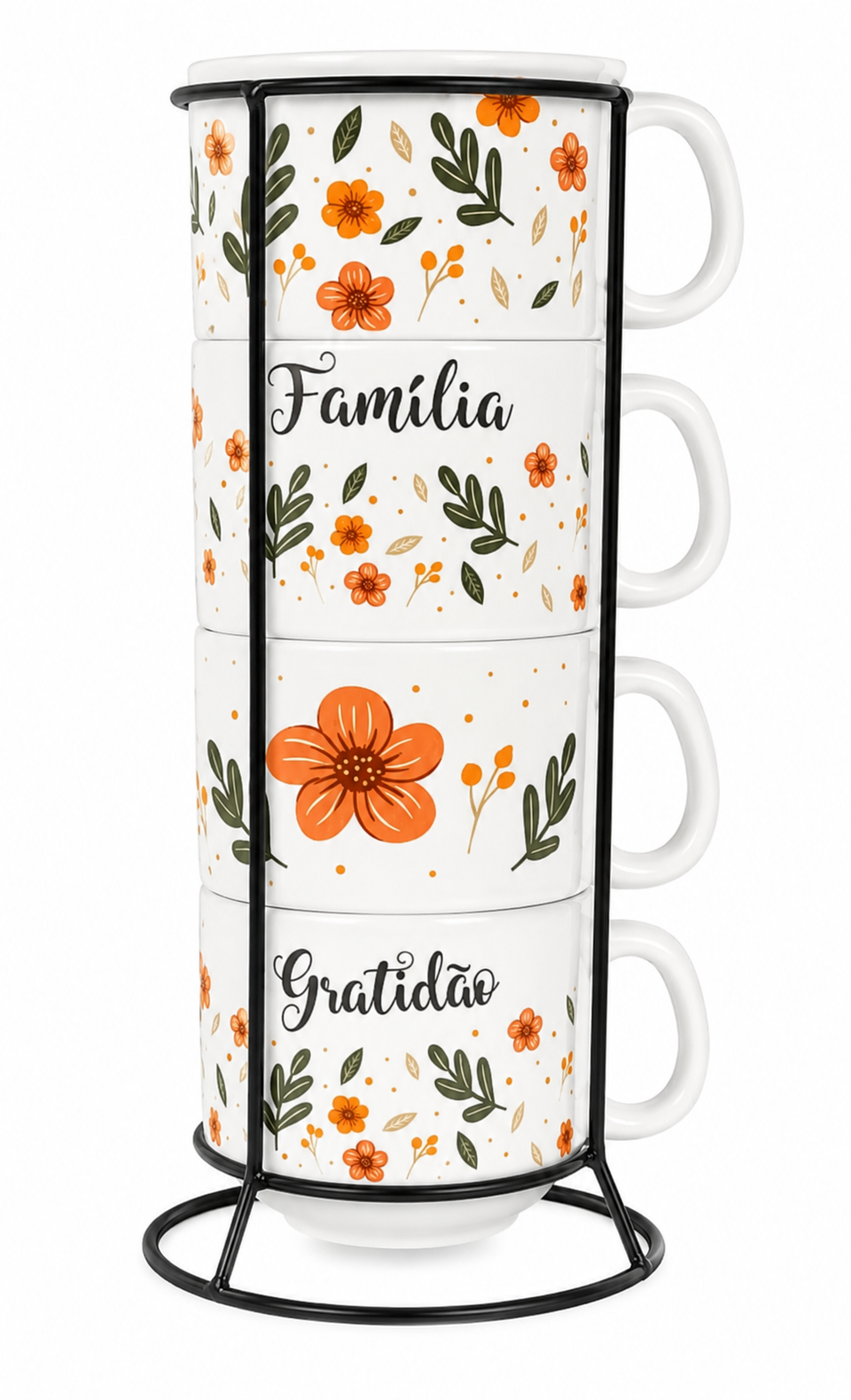 Kit  4 Xícaras Porcelana  Frases + Suporte  Metal - 160mL