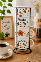 Kit  4 Xícaras Porcelana  Frases + Suporte  Metal - 160mL