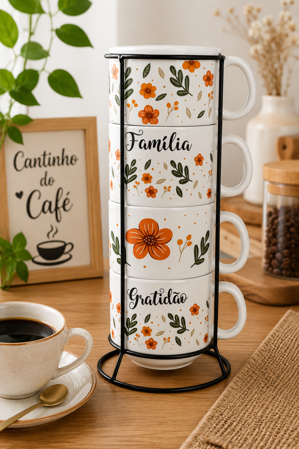 Kit  4 Xícaras Porcelana  Frases + Suporte  Metal - 160mL