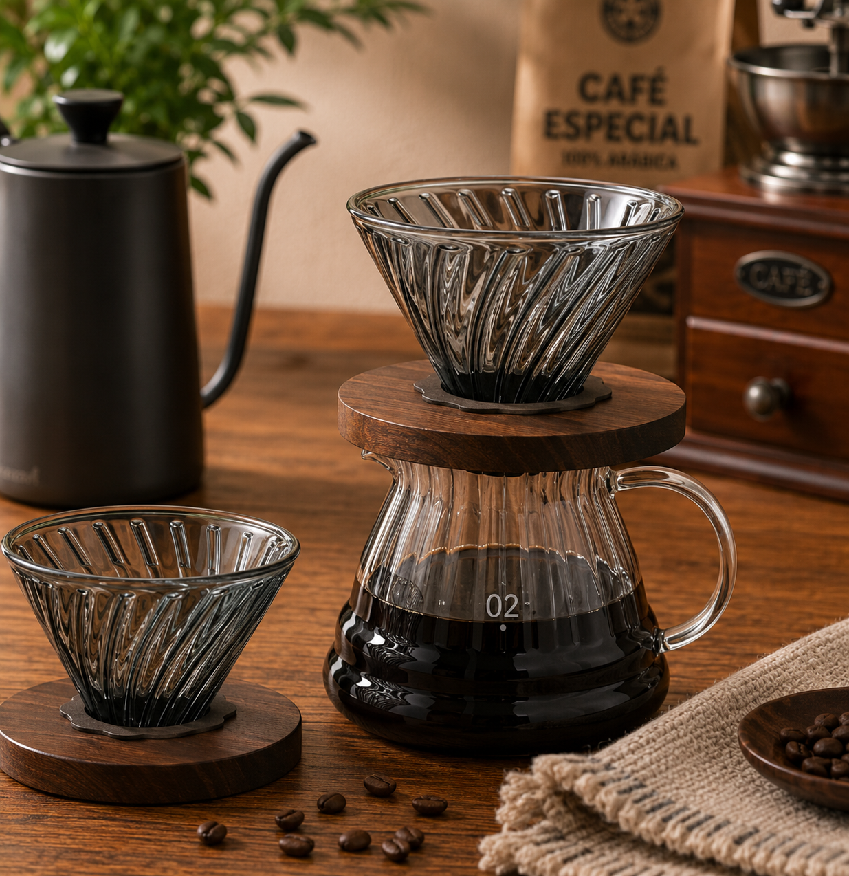 Dripper p/ Filtro de Café em Vidro com Base em Madeira 1-4 Xícaras
