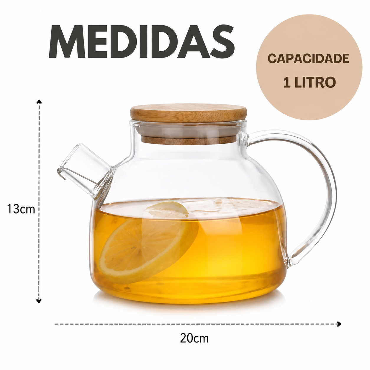 Chaleira  de Vidro c/ Tampa Bambu - 1000ml