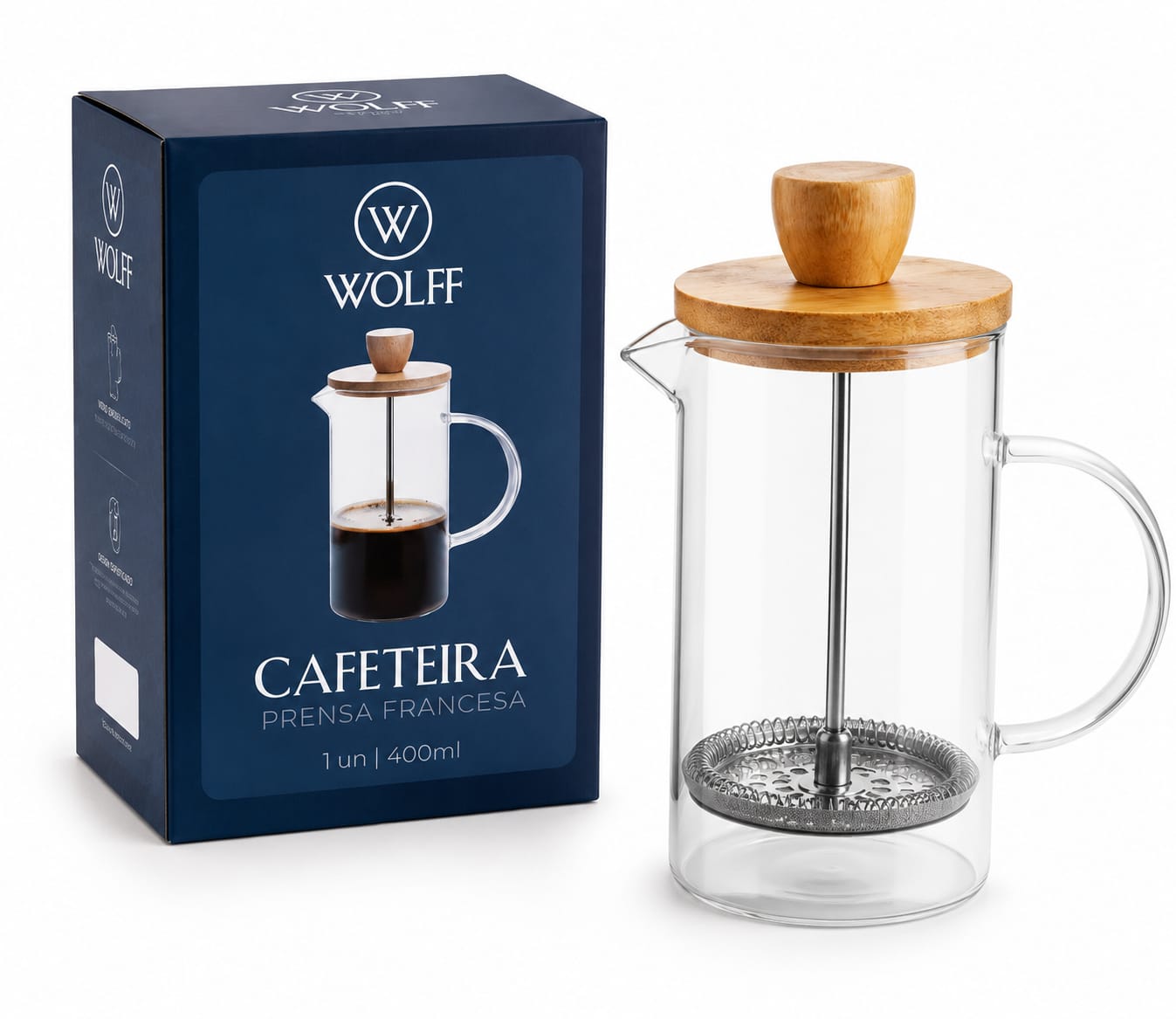 Cafeteira Wolff Prensa Francesa Vidro e Tampa Madeira  - 400ml