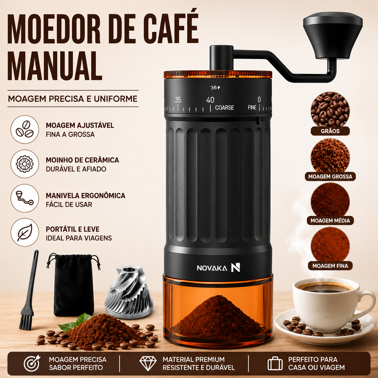 Moinho de Café Manual  Novaka Ajuste Moagem Lâminas Aço