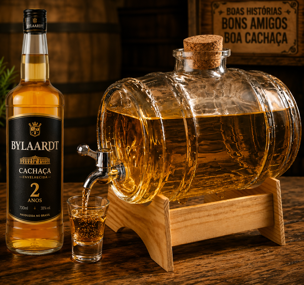 Barril  de Vidro e Suporte de Madeira c/ Cachaça 02 Anos - 03litros