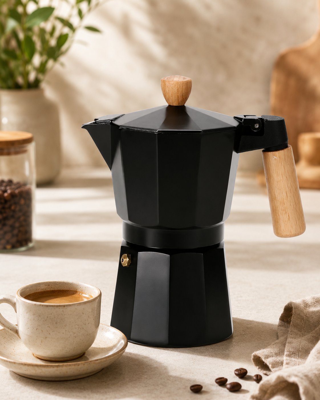 Cafeteira Italiana de Alumínio Preta Cabo Madeira - 03 Xíc.