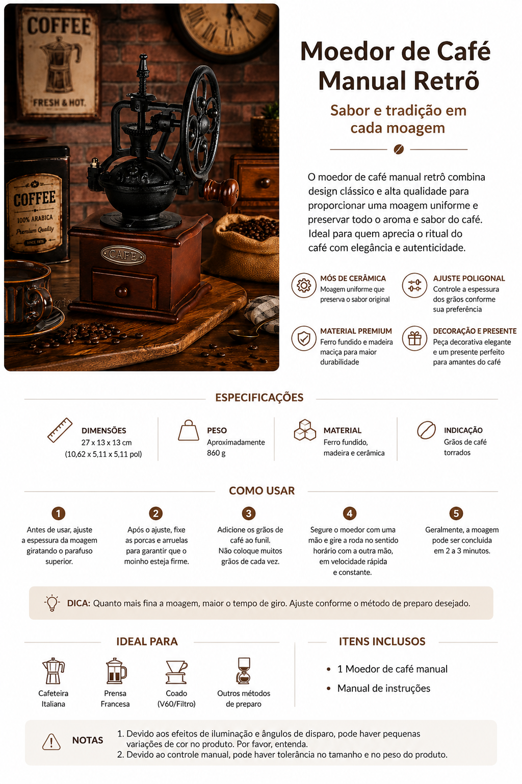 Moedor de Café Manual Madeira Retrô