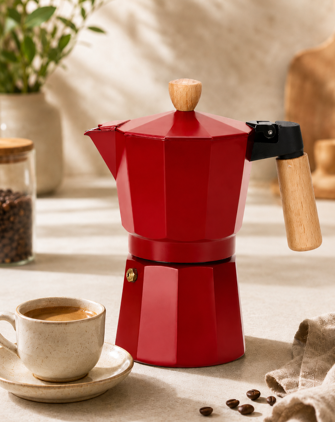 Cafeteira Italiana de Alumínio Vermelha com Cabo Madeira - 06 Xíc.