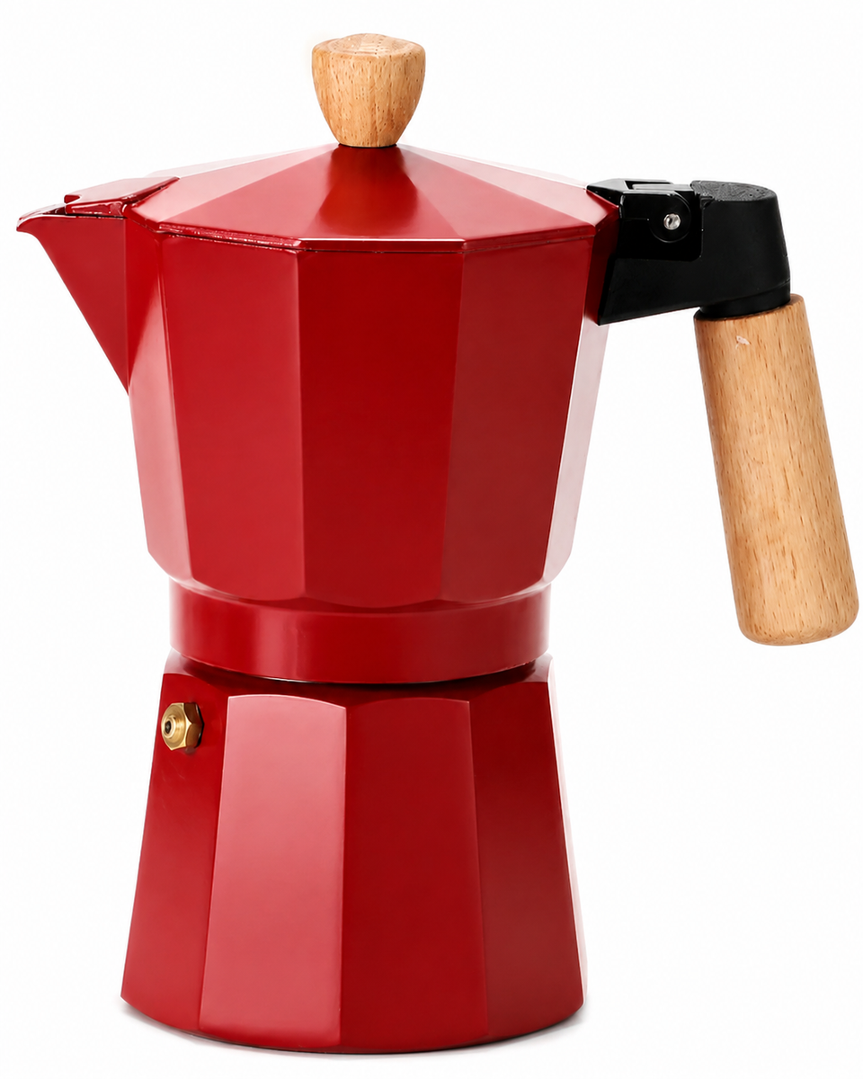 Cafeteira Italiana de Alumínio Vermelha com Cabo Madeira - 06 Xíc.