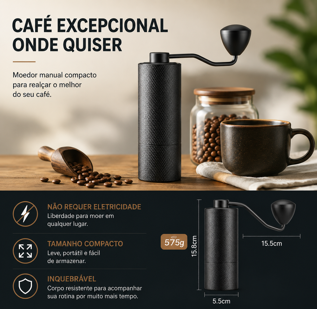 Moinho de Café Manual  Ajuste Moagem Lâminas Aço Preto