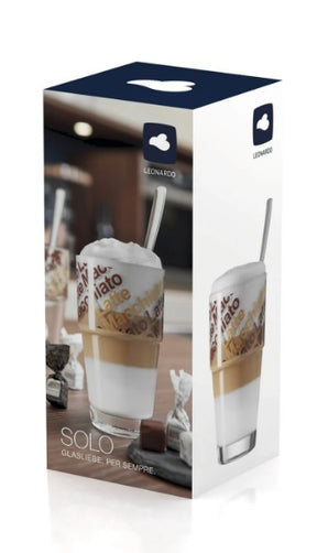 CJ 2 COPOS VIDRO CAFÉ LATTE LEONARDO C/ COLHER -  410 ML