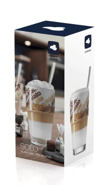 CJ 2 COPOS VIDRO CAFÉ LATTE LEONARDO C/ COLHER -  410 ML